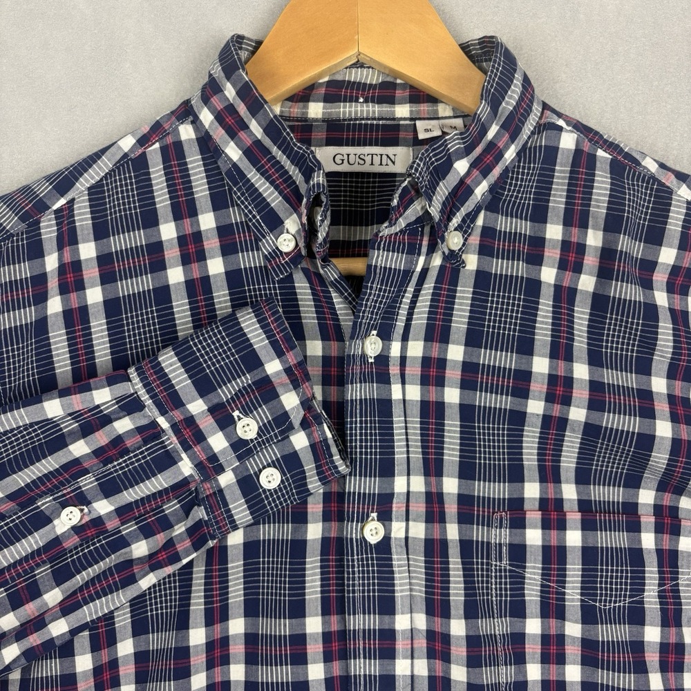 Gustin Button Down Shirt Mens Medium Blue Plaid Long Sleeve Made In USA Slim Fit